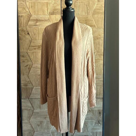 St. John's Bay Sweaters - St. Johns Bay Womens Cardigan Large Tan Long Open Knit Front Pockets